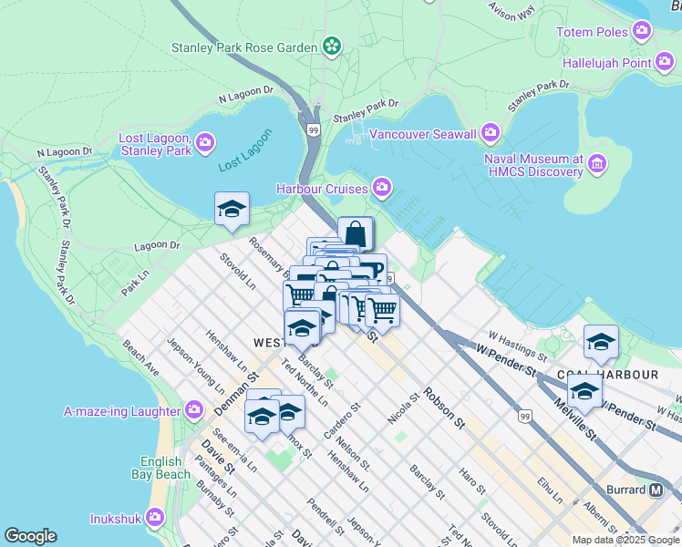 map of restaurants, bars, coffee shops, grocery stores, and more near 1766 Robson Street in Vancouver