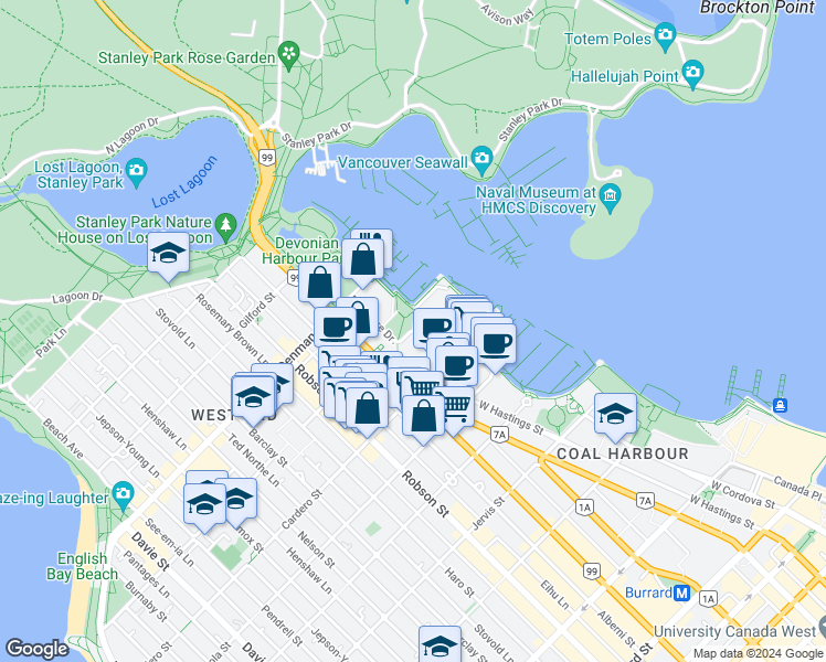 map of restaurants, bars, coffee shops, grocery stores, and more near 1603 Bayshore Drive in Vancouver
