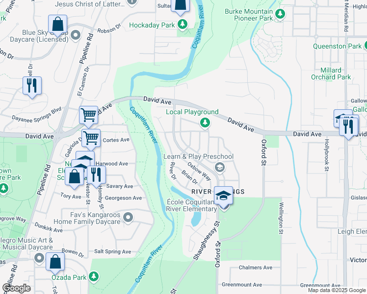map of restaurants, bars, coffee shops, grocery stores, and more near 1979 Bow Drive in Coquitlam