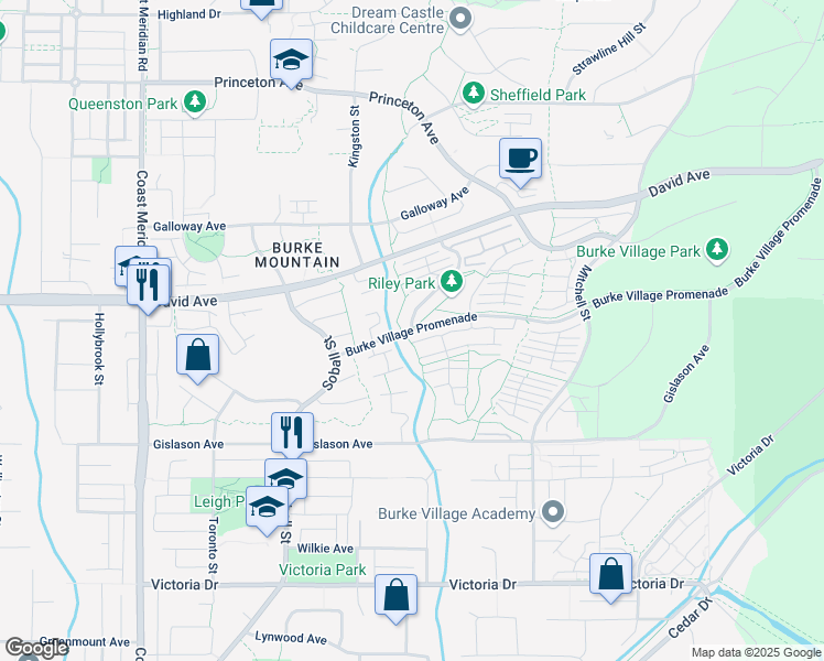 map of restaurants, bars, coffee shops, grocery stores, and more near Village Lake Trail in Coquitlam