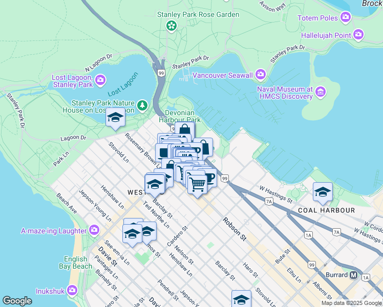 map of restaurants, bars, coffee shops, grocery stores, and more near 1728 Alberni Street in Vancouver