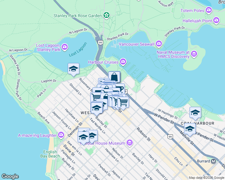 map of restaurants, bars, coffee shops, grocery stores, and more near 1766 Robson Street in Vancouver
