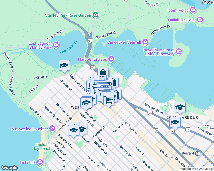 map of restaurants, bars, coffee shops, grocery stores, and more near 1788 West Georgia Street in Vancouver