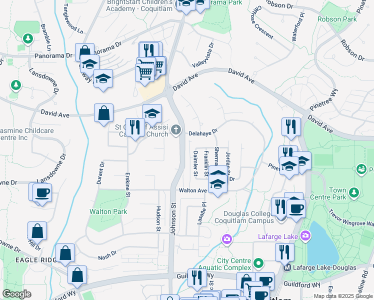 map of restaurants, bars, coffee shops, grocery stores, and more near 1313 Johnson Street in Coquitlam