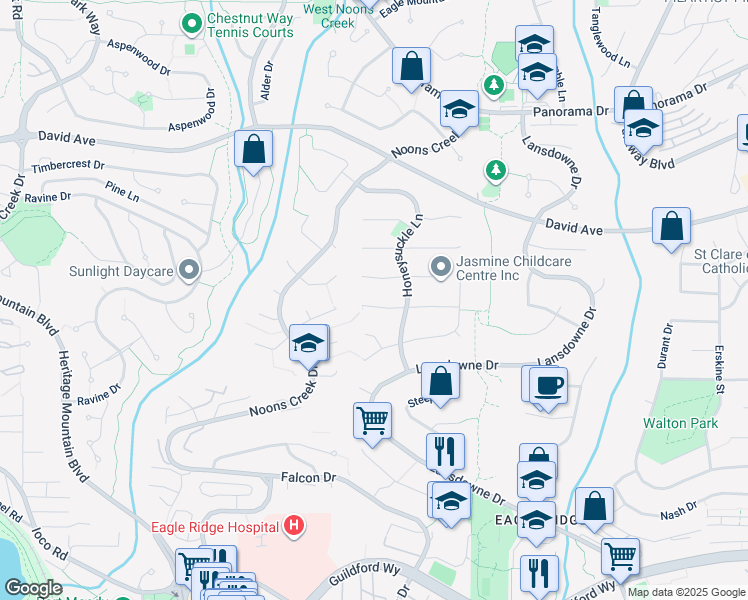 map of restaurants, bars, coffee shops, grocery stores, and more near 2541 Bluebell Avenue in Coquitlam