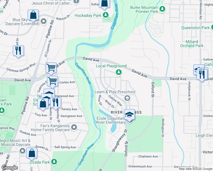map of restaurants, bars, coffee shops, grocery stores, and more near 1979 Bow Drive in Coquitlam