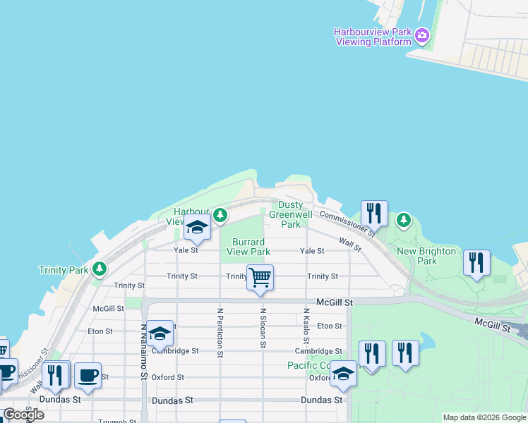 map of restaurants, bars, coffee shops, grocery stores, and more near 2709 Wall Street in Vancouver