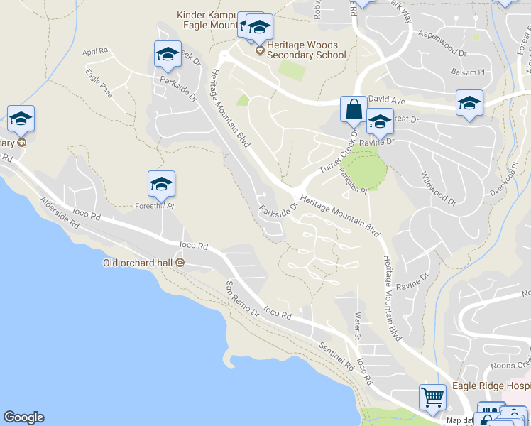 map of restaurants, bars, coffee shops, grocery stores, and more near 114 Parkside Drive in Port Moody