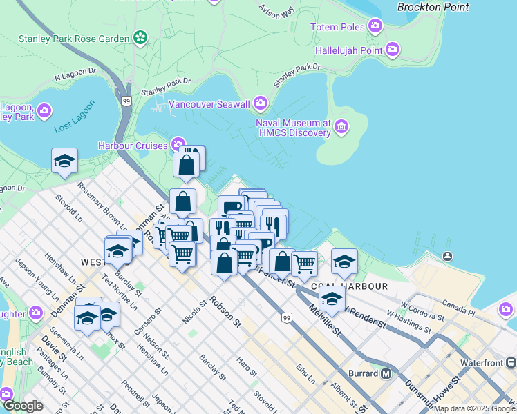 map of restaurants, bars, coffee shops, grocery stores, and more near 1600 Bayshore Drive in Vancouver