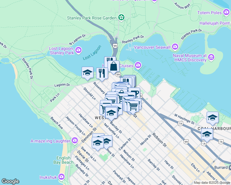 map of restaurants, bars, coffee shops, grocery stores, and more near 1875 Robson Street in Vancouver