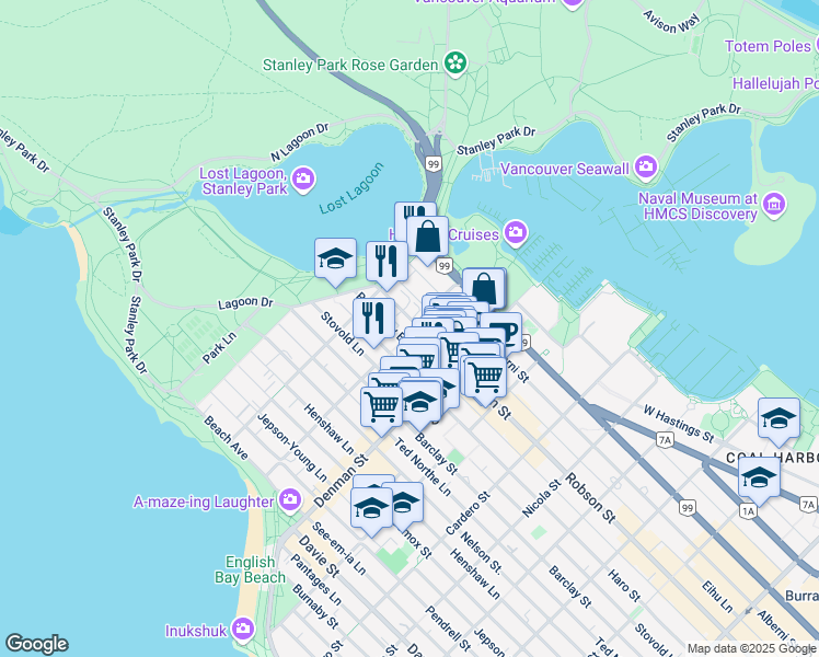 map of restaurants, bars, coffee shops, grocery stores, and more near 1902 Robson Street in Vancouver