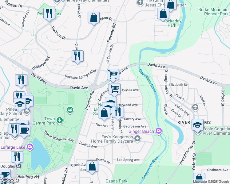 map of restaurants, bars, coffee shops, grocery stores, and more near 1319 Nestor Street in Coquitlam