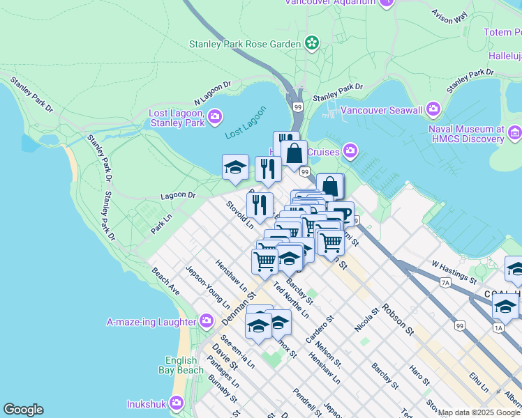 map of restaurants, bars, coffee shops, grocery stores, and more near 1972 Robson Street in Vancouver