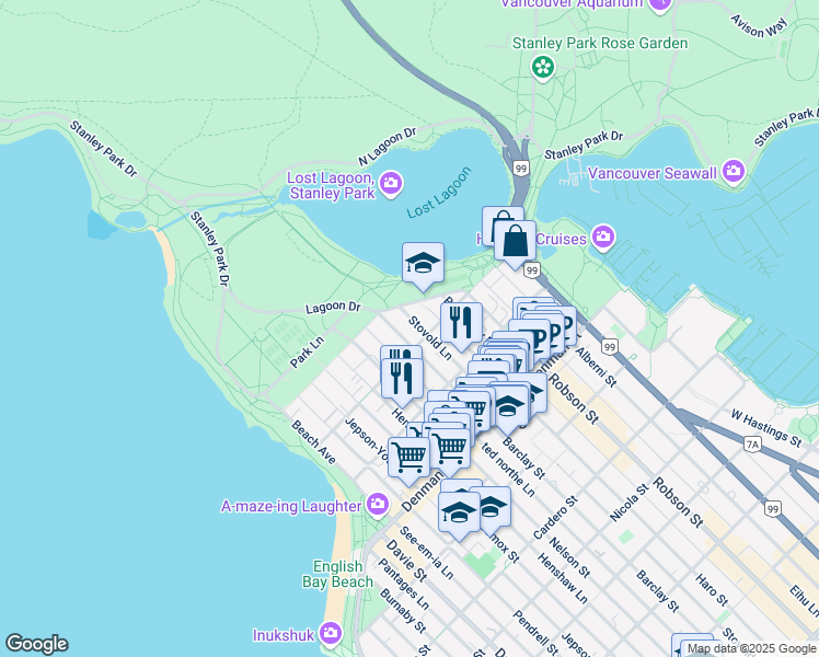 map of restaurants, bars, coffee shops, grocery stores, and more near in Vancouver