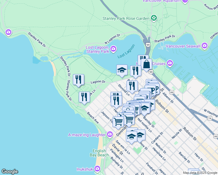 map of restaurants, bars, coffee shops, grocery stores, and more near 2088 Barclay Street in Vancouver