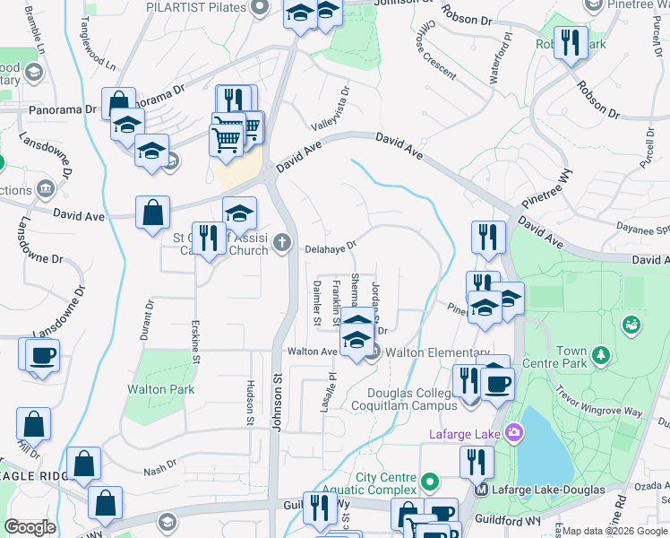 map of restaurants, bars, coffee shops, grocery stores, and more near 2933 Cord Avenue in Coquitlam
