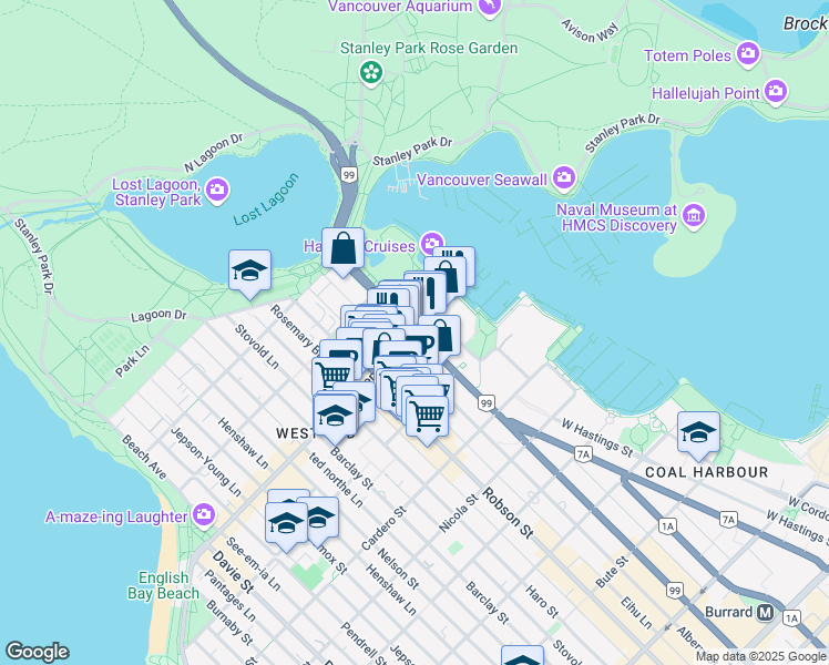 map of restaurants, bars, coffee shops, grocery stores, and more near 1801 West Georgia Street in Vancouver