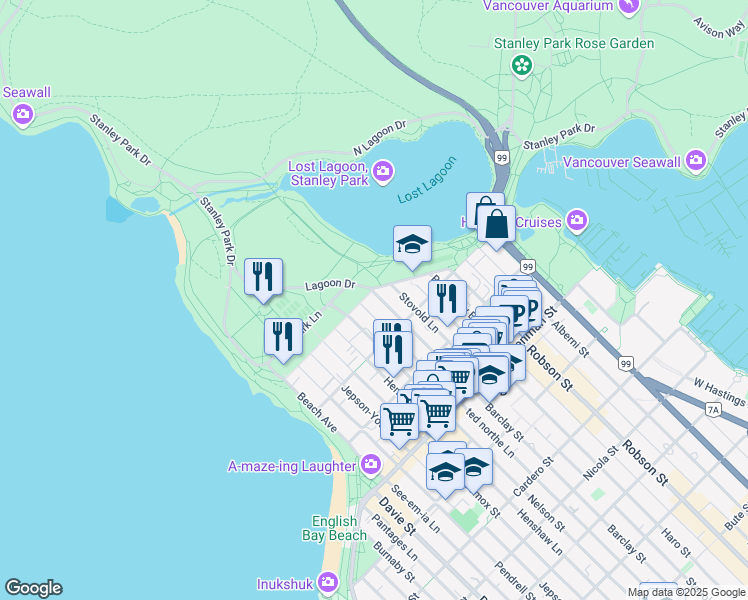 map of restaurants, bars, coffee shops, grocery stores, and more near 2088 Barclay Street in Vancouver