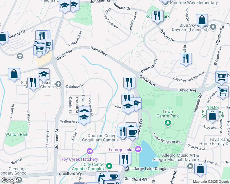 map of restaurants, bars, coffee shops, grocery stores, and more near 3009 Delahaye Drive in Coquitlam