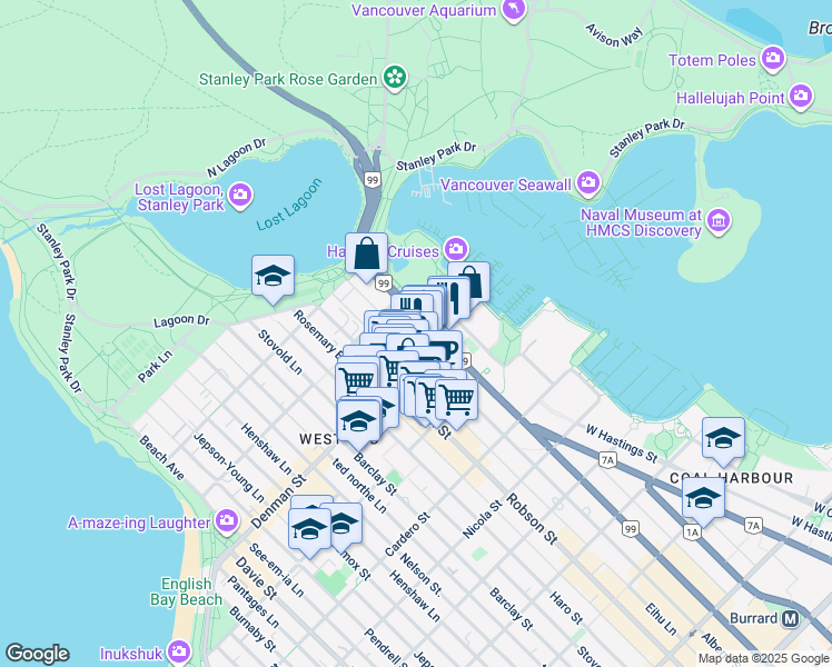 map of restaurants, bars, coffee shops, grocery stores, and more near 1863 Alberni Street in Vancouver