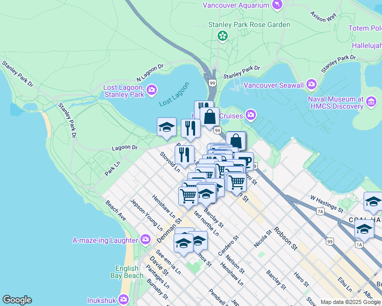 map of restaurants, bars, coffee shops, grocery stores, and more near 405 Robson Street in Vancouver