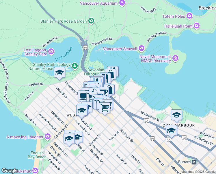 map of restaurants, bars, coffee shops, grocery stores, and more near 1790 Bayshore Drive in Vancouver