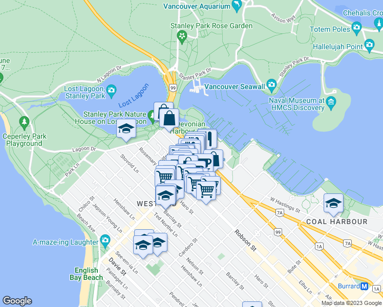 map of restaurants, bars, coffee shops, grocery stores, and more near 1871 Alberni Street in Vancouver