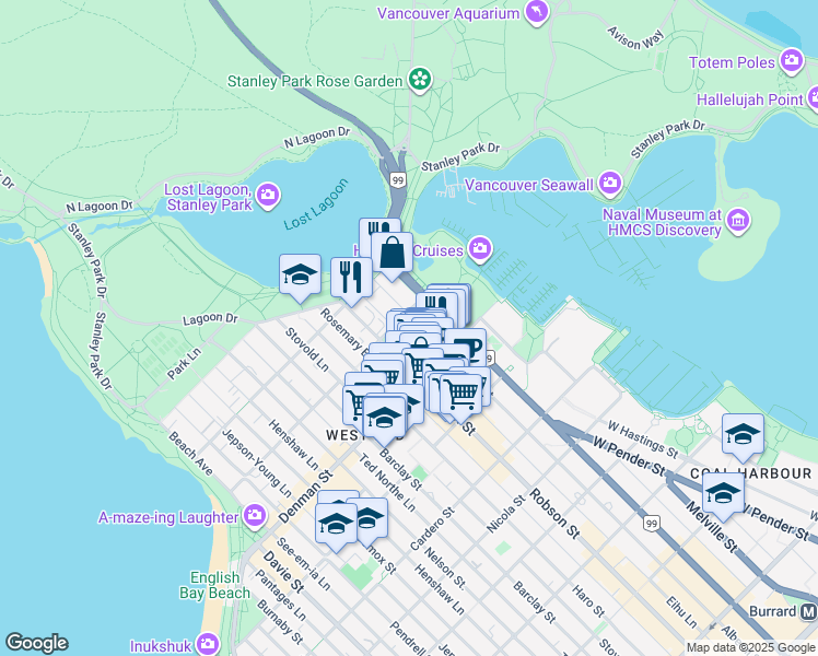 map of restaurants, bars, coffee shops, grocery stores, and more near in Vancouver
