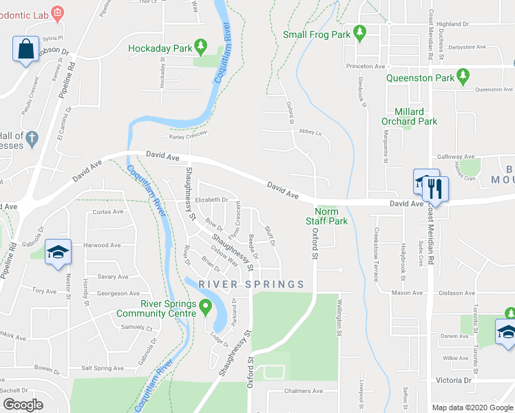 map of restaurants, bars, coffee shops, grocery stores, and more near 1282 Bluff Drive in Coquitlam