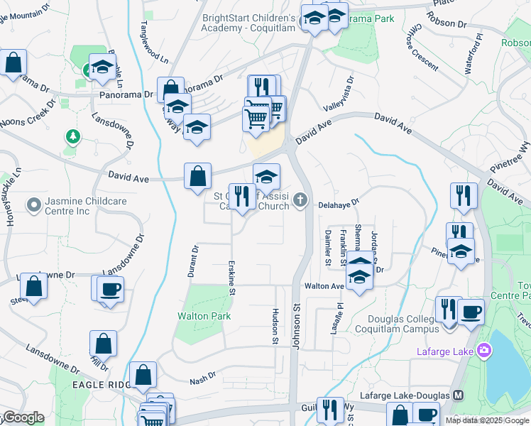 map of restaurants, bars, coffee shops, grocery stores, and more near 2658 Delahaye Drive in Coquitlam