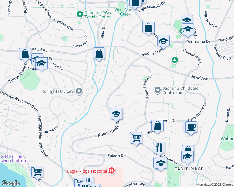 map of restaurants, bars, coffee shops, grocery stores, and more near 1605 Hemlock Place in Port Moody