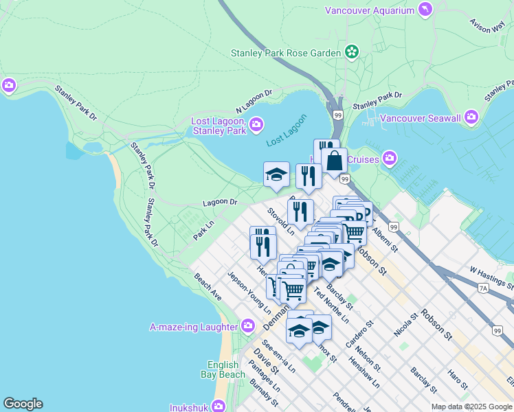 map of restaurants, bars, coffee shops, grocery stores, and more near 990 Lagoon Drive in Vancouver