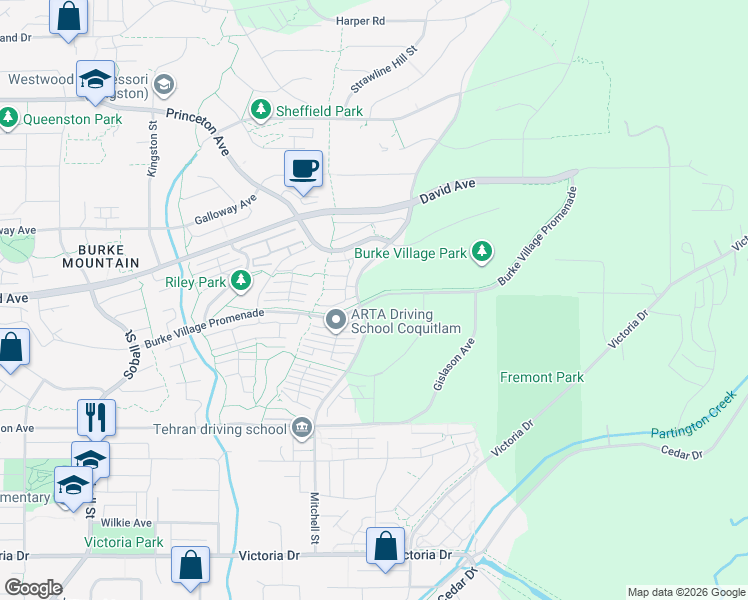 map of restaurants, bars, coffee shops, grocery stores, and more near Burke Village Promenade in Coquitlam