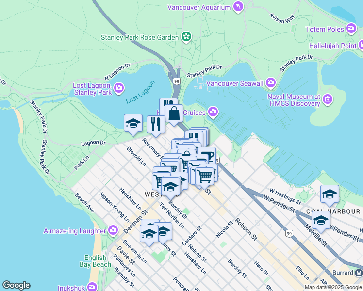 map of restaurants, bars, coffee shops, grocery stores, and more near 1888 Alberni Street in Vancouver