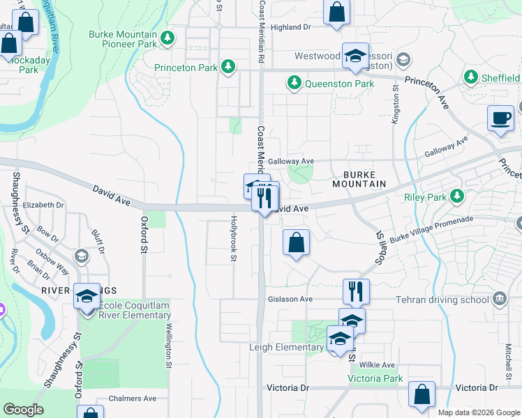 map of restaurants, bars, coffee shops, grocery stores, and more near David Ave & Coast Meridian Rd in Coquitlam