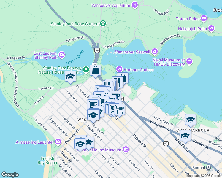 map of restaurants, bars, coffee shops, grocery stores, and more near 1837 West Georgia Street in Vancouver