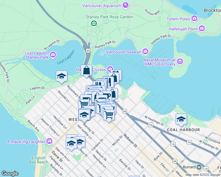 map of restaurants, bars, coffee shops, grocery stores, and more near 1790 Bayshore Drive in Vancouver