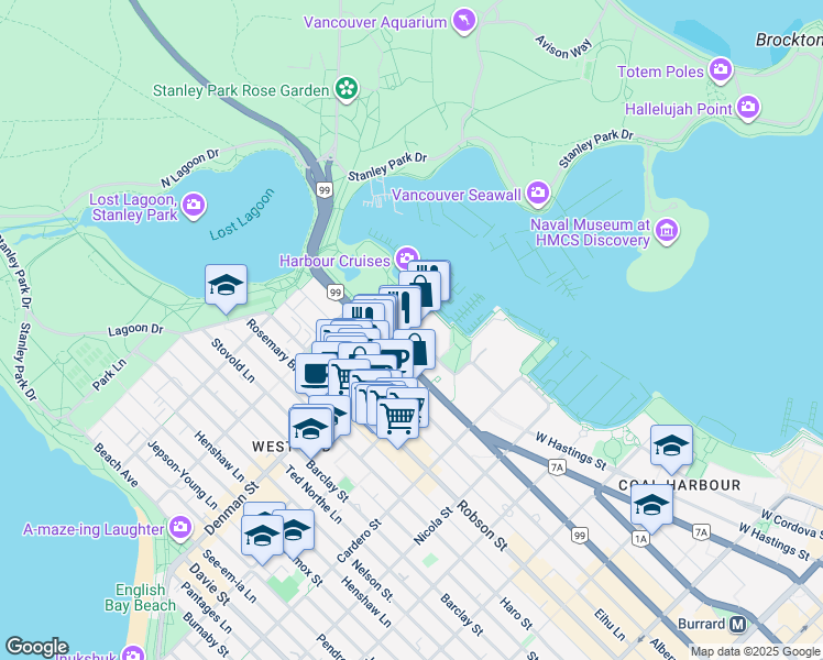 map of restaurants, bars, coffee shops, grocery stores, and more near 1601 Bayshore Drive in Vancouver