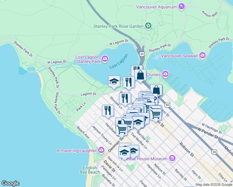 map of restaurants, bars, coffee shops, grocery stores, and more near 2015 Haro Street in Vancouver