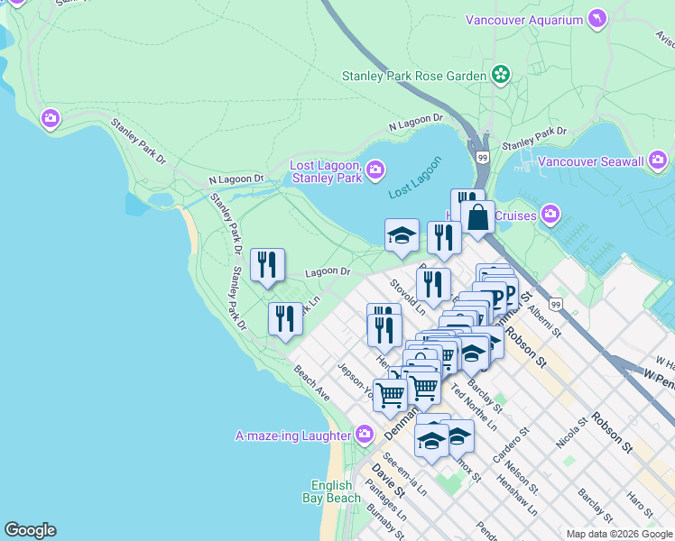 map of restaurants, bars, coffee shops, grocery stores, and more near Lagoon Drive in Vancouver