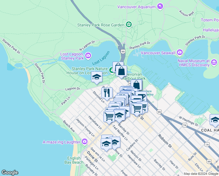 map of restaurants, bars, coffee shops, grocery stores, and more near 1972 Robson Street in Vancouver