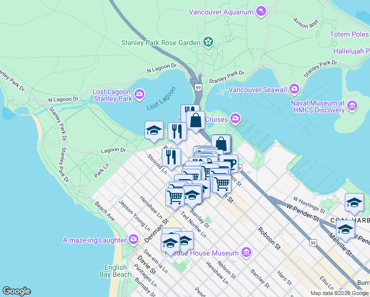 map of restaurants, bars, coffee shops, grocery stores, and more near 1933 Robson Street in Vancouver