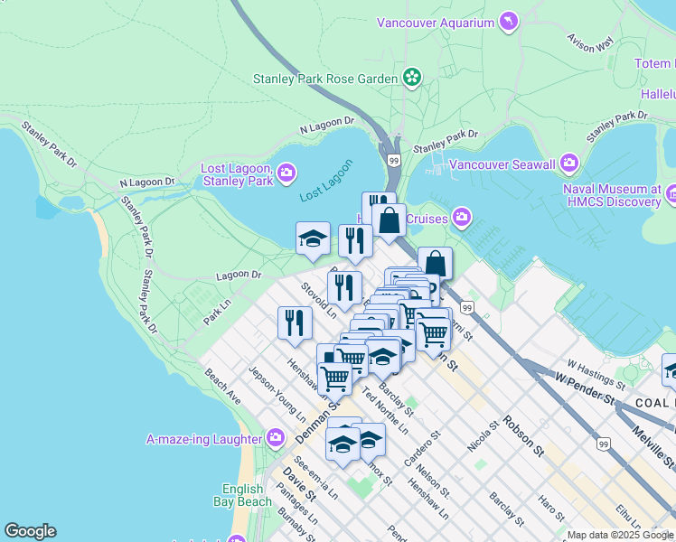 map of restaurants, bars, coffee shops, grocery stores, and more near 815 Chilco Street in Vancouver