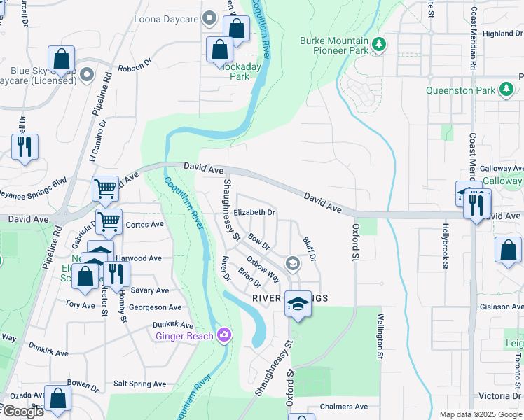 map of restaurants, bars, coffee shops, grocery stores, and more near 1984 Elizabeth Drive in Coquitlam