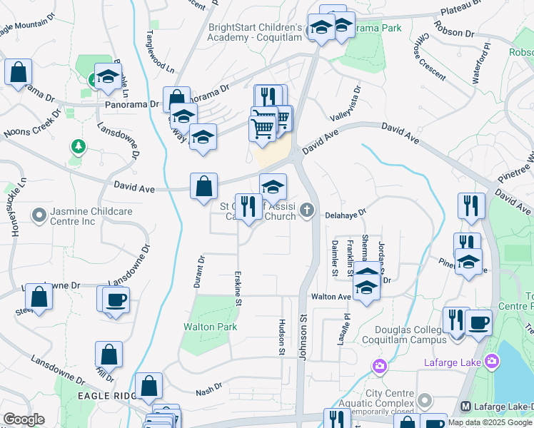 map of restaurants, bars, coffee shops, grocery stores, and more near 2661 Delahaye Drive in Coquitlam