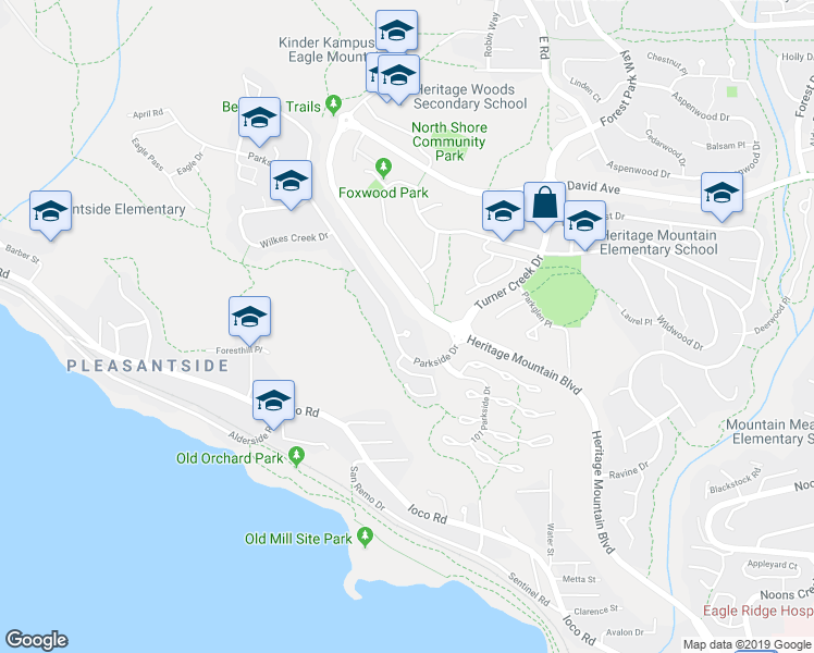 map of restaurants, bars, coffee shops, grocery stores, and more near 114 Parkside Drive in Port Moody