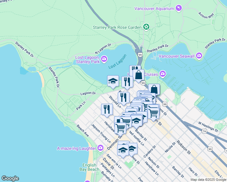 map of restaurants, bars, coffee shops, grocery stores, and more near 975 Lagoon Drive in Vancouver