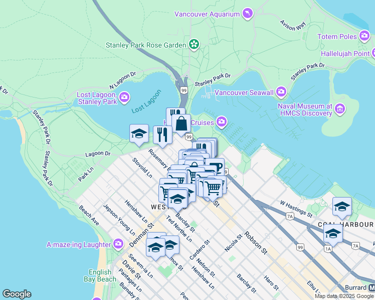 map of restaurants, bars, coffee shops, grocery stores, and more near 1904 Alberni Street in Vancouver