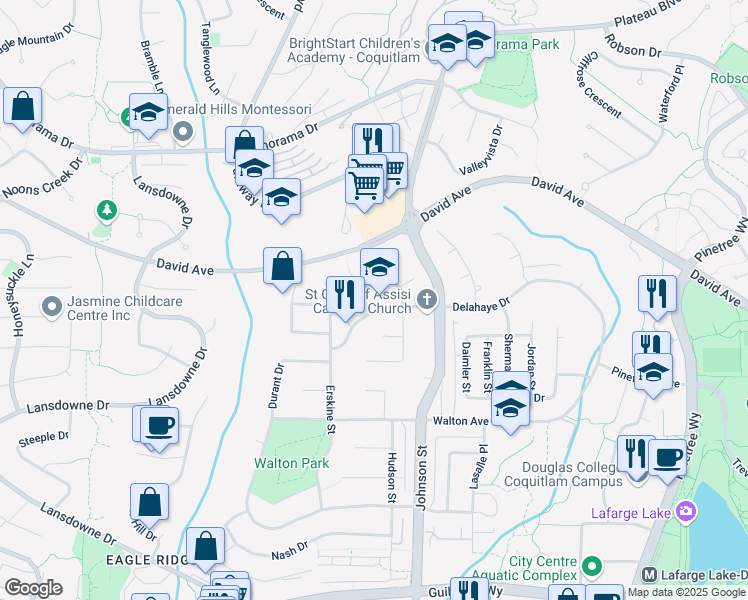 map of restaurants, bars, coffee shops, grocery stores, and more near 2661 Delahaye Drive in Coquitlam