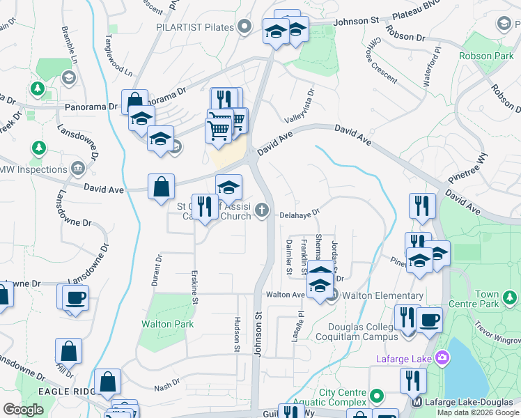 map of restaurants, bars, coffee shops, grocery stores, and more near 2893 Delahaye Drive in Coquitlam
